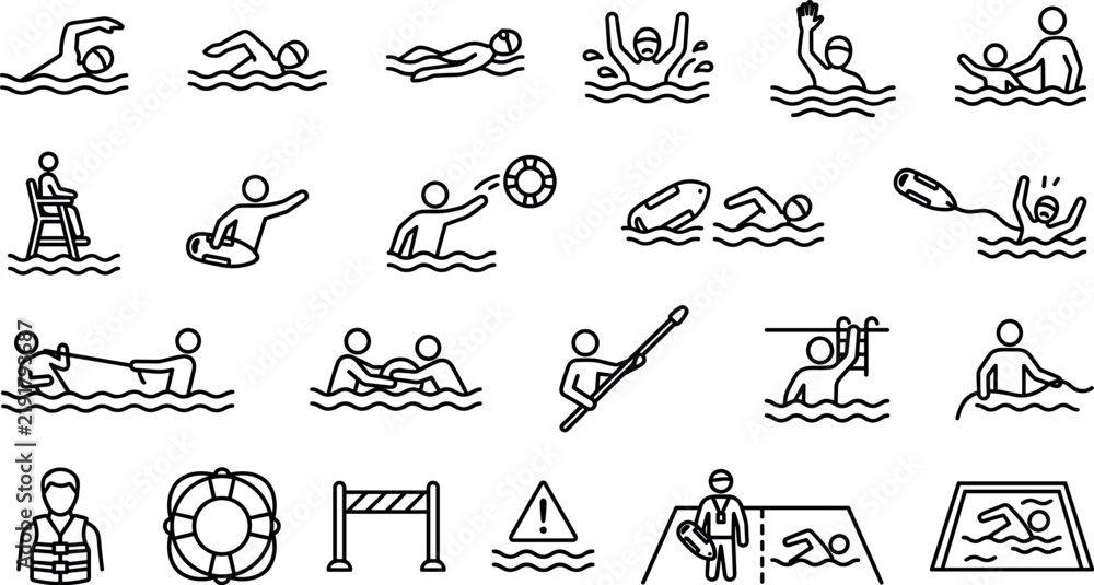 Fototapeta premium Swimming pool and water safety lifeguard icon set for summer recreation conceptSwimming pool and water safety lifeguard icon set for summer recreation concept