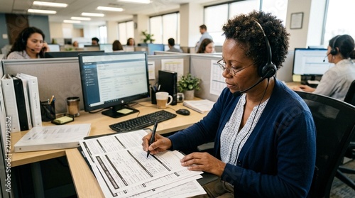 Call center agent taking notes on a printed claims form