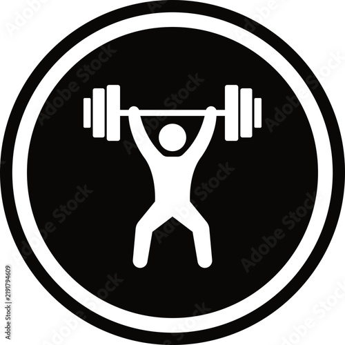 Weightlifting icon for gym, bodybuilding, and fitness workout design. Circular barbell lifter symbol isolated on transparent background. Vector illustration element design for healthy activity.