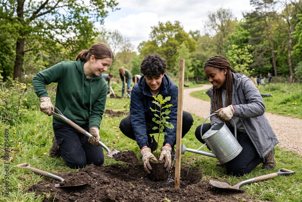 Fototapeta premium Teenagers are planting small trees in a park area during spring. They are working together with tools like shovels and watering cans