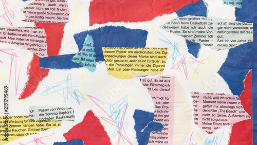 Colorful Torn Paper Collage with Newspaper and Hand Drawn Scribbles