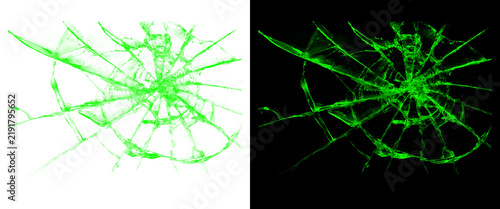 Obraz na plátně Neon green broken glass effect, shattered screen texture with radial cracks, glo
