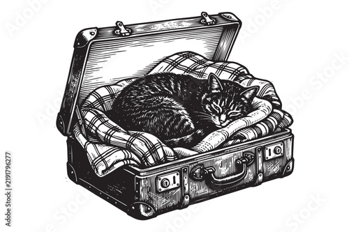 Foto Domestic cat sleeping inside an open vintage travel suitcase with sleeping