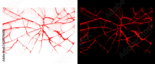 фотографія Shattered glass texture with red cracks, broken mirror surface on white and blac