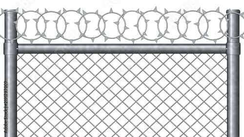 Obraz na płótnie Chain link security fence topped with razor wire concertina coil, transparent ba