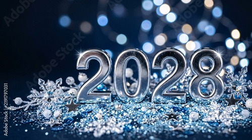 2028 New Year Metallic Numbers with Winter Snowflakes Illustration
