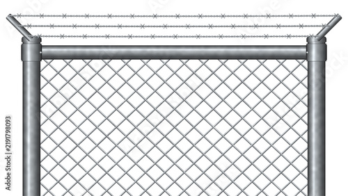 Bild auf Leinwand Chain link security fence with angled barbed wire arms, isolated on transparent