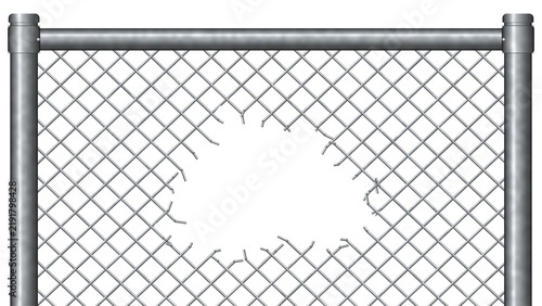 Obraz na płótnie Chain link fence with a hole cut through the mesh and severed wire ends, transpa