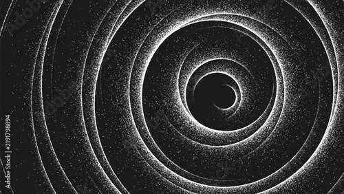 Abstract optical illusion made from layered circular rings and countless tiny points. Minimal abstract composition of overlapping circles with stippling effect creates illusion of rotation and depth