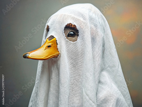 Duck ghost costume side profile, whimsical Halloween bird illustration