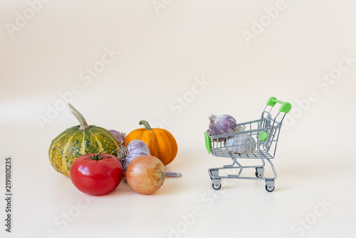 Fresh vegetables and shopping cart with groceries on beige background with copy space