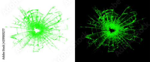 Foto Neon green broken glass texture, shattered window effect with radial cracks, glo