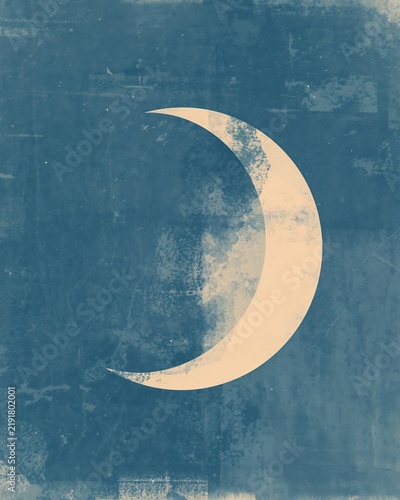 A crescent moon set against a distressed blue background, with visible texture, scratches, and a, vintage paper aesthetic, for celestial