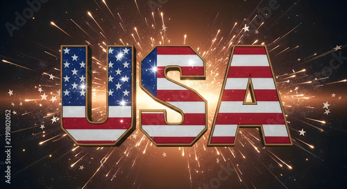Usa letters filled with american flag colors and celebratory fireworks display