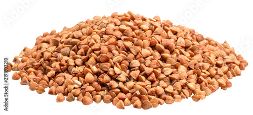Hulled roasted buckwheat cereal isolated on white background. Clipping path.