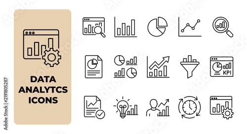 Data analytics and business intelligence icon set. Financial research, statistics report, information funnel and dashboard visualization thin line icons. Editable stroke vector illustrations.