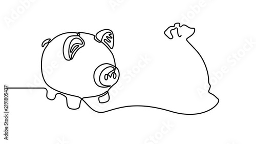 Animated one continuous single line drawing of a piggy bank and money bag with dollar sign symbol for financial savings and investment concept . Full length one line animation 4k video