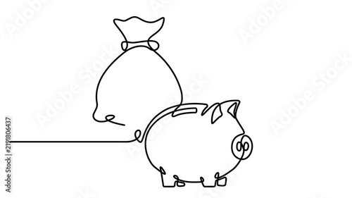 Animated one continuous single line drawing of a piggy bank and money bag with dollar sign symbol for financial savings and investment concept . Full length one line animation 4k video