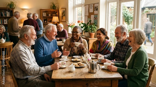 Multicultural elderly people laughing together at retirement home activity