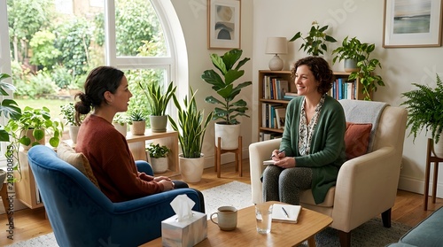 Mental health counselor talking with patient in therapy session, support