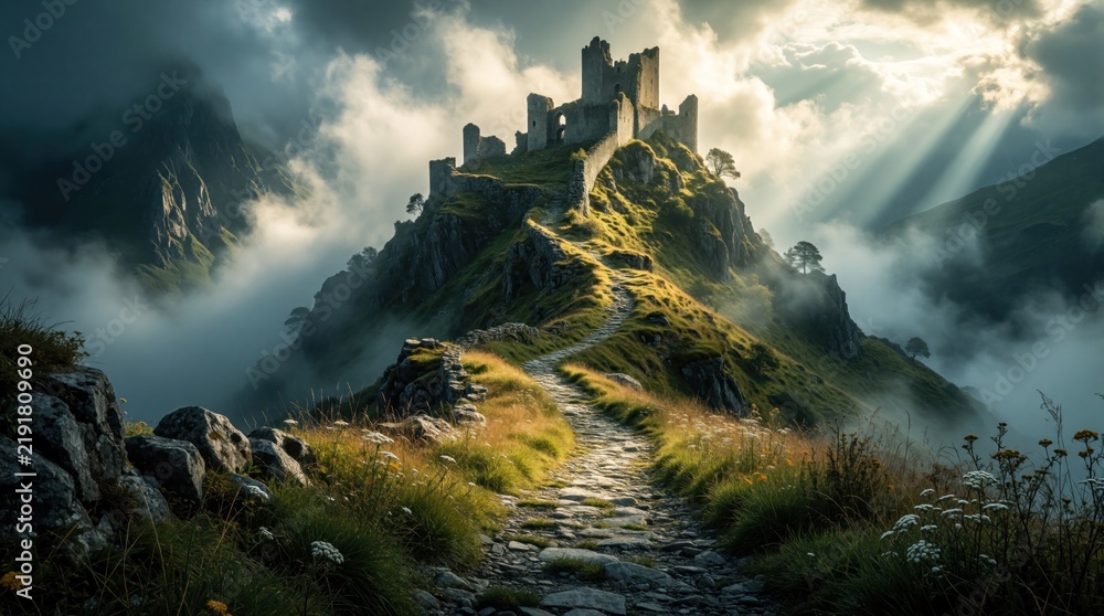 Obraz premium Ancient ruined castle sits atop misty mountain peak. Stone fortress ruins on green hill with winding rocky path. Sunlight breaks through clouds over foggy landscape. Dramatic view of medieval