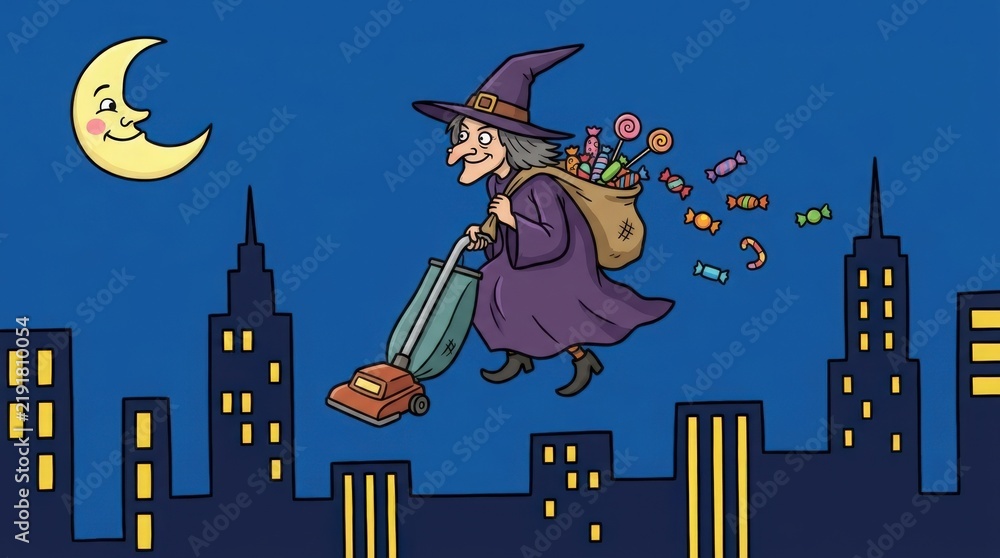 Obraz premium Whimsical Witch Vacuuming Candy in a Night Cityscape Illustration