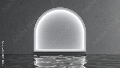 An illuminated arched niche embedded in a dark gray concrete wall with a reflective water surface at the base creating ripples and light reflections