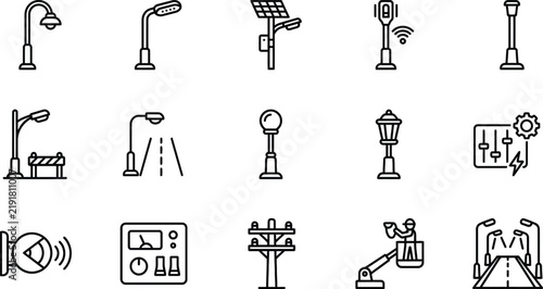 Street Lighting Outline Icon Collection for Urban Roads, Smart Cities, Infrastructure and Public Spaces