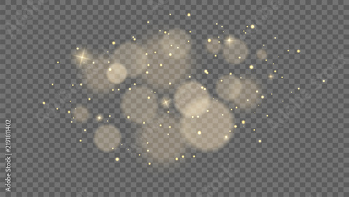 Gold dust and bokeh lights vector texture. Festive sparkling background.