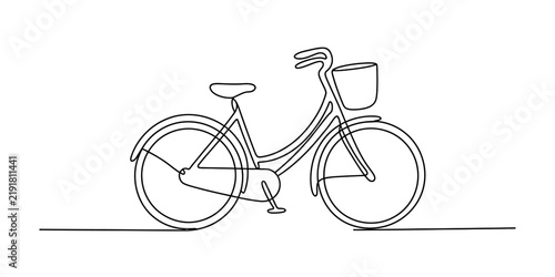 Continuous single line drawing of a retro city bicycle with a basket for travel and urban transportation