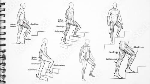 Anatomical pencil sketch showing human leg muscle activation while walking up stairs.