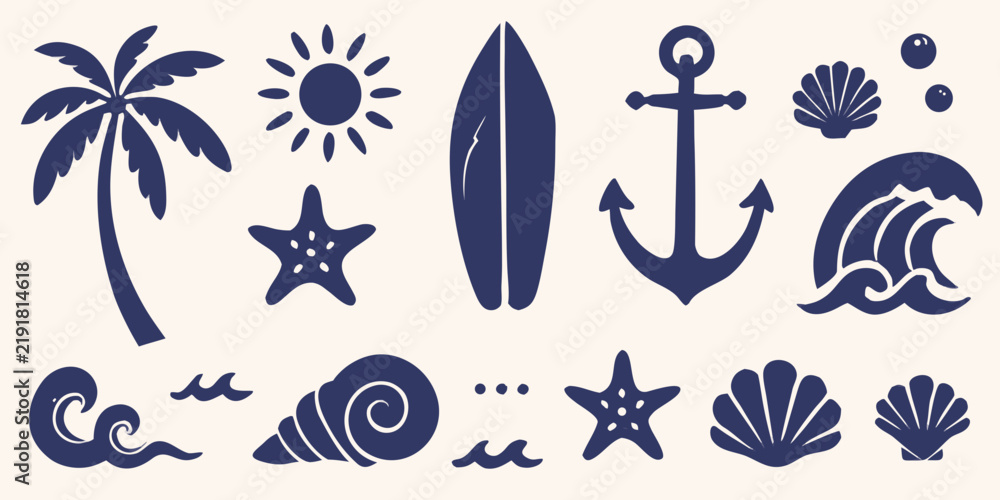 Fototapeta premium Nautical themed flat icons featuring palm trees
