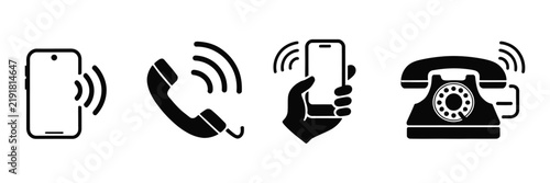 Cuadro en lienzo Ringing telephone icon set, black silhouette vector symbols featuring ringing phones and vibrating smartphones for calls, communication, alerts, notifications, and mobile technology, EPS10