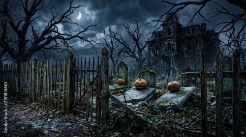 Eerie Graveyard with Pumpkin Decorations under Moonlit Sky