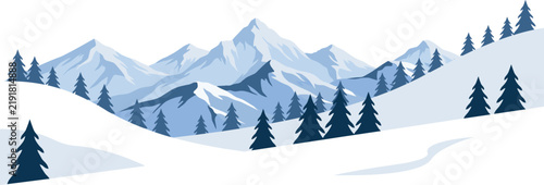Snowy Mountain Landscape with Evergreen Pine Trees and Rolling Hills in a Serene Winter Nature Illustration