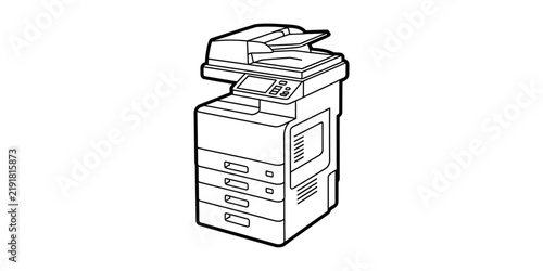 Black and white line art of a modern office copier machine