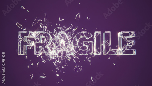 Transparent glass typography spelling FRAGILE shattering into pieces with sharp shards on a purple background