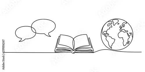 Continuous line drawing of speech bubbles an open book and a world globe