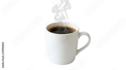 Steaming white coffee mug with black coffee