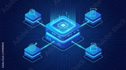 Obraz na płótnie Futuristic isometric data processing unit, glowing blue central processor and server blocks, digital infrastructure and cloud computing network concept