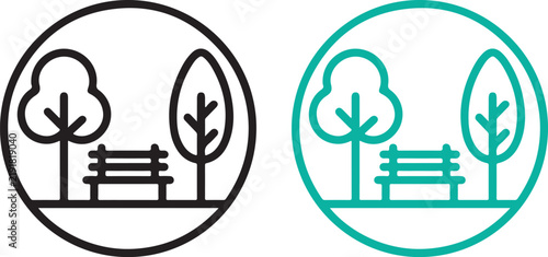 Minimal park bench icon with trees in circle