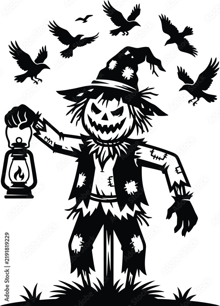 Fototapeta premium Scarecrow Witch with Jack-O'-Lantern and Black Crows Halloween Illustration Vector Art for Spooky Season Design