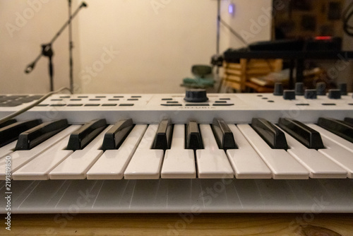 Canvastavla Electronic MIDI keyboard controller with black and white synth keys on wooden ta