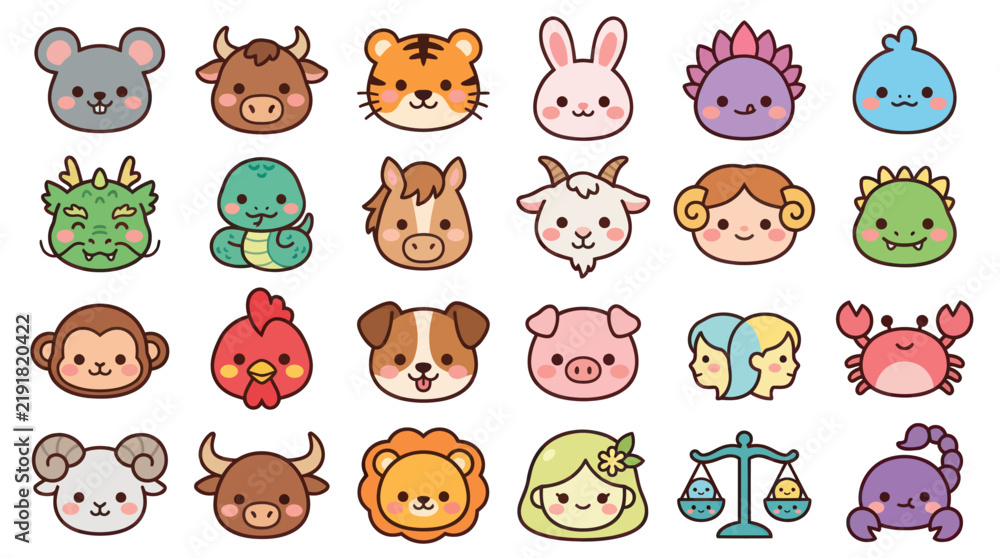 Obraz premium Cute animal and zodiac character collection