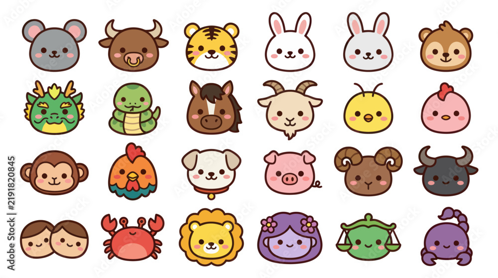 Obraz premium Cute animal and zodiac icons collection