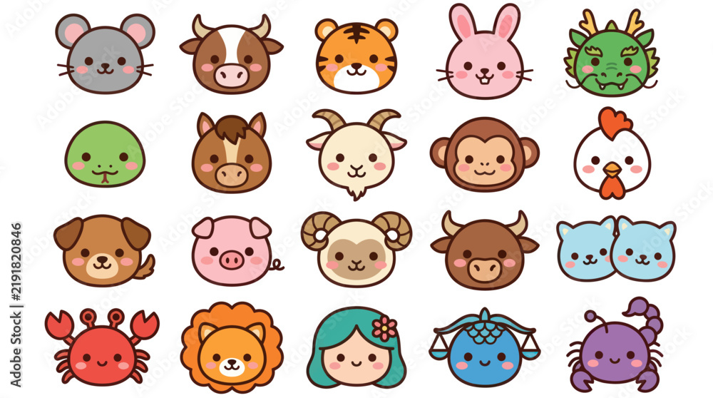 Obraz premium Cute animal and zodiac icons collection