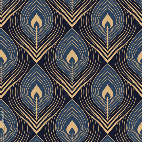 Seamless ornamental pattern featuring stylized peacock feather forms in gold and deep blue, arranged in repeating geometric symmetry for luxury wallpaper, fabric and wrapping paper
