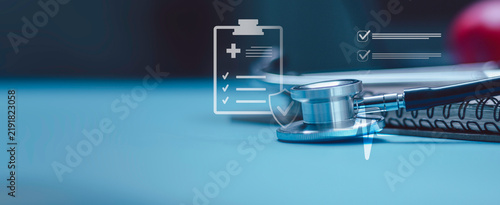Stethoscope, healthcare checklist and protection shield. Medical insurance claim concept, insurance claims, medical coverage, policy verification, healthcare services and risk management.