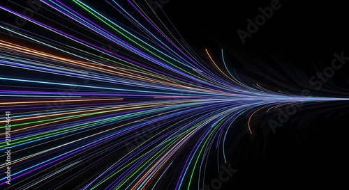 Abstract light trails converging into a single point on a black background