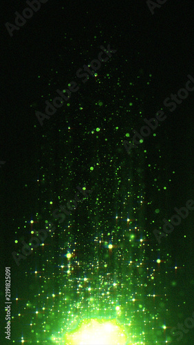 Enchanted forest energy concept. Vibrant rising sparks and glitter creating a mystical aura against a dark background.